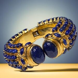 Massive 18k Gold Plated Genuine Lapis Lazuli Stone Bangle Cuff Clamper Bracelet
